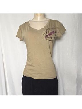 Y2K Distressed Bird Graphic V Neck T Shirt Army Green Y2K Fairy Grunge Medium